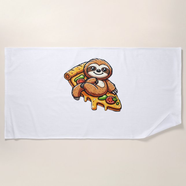 Funny Sloth eating Pizza, Kawaii Animal Lover Clas Beach Towel (Front)
