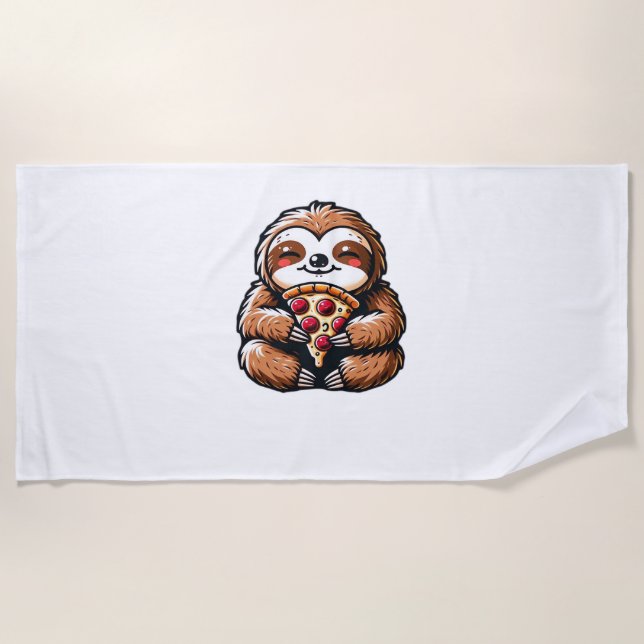 Funny Sloth eating Pizza, Kawaii Animal Lover Clas Beach Towel (Front)