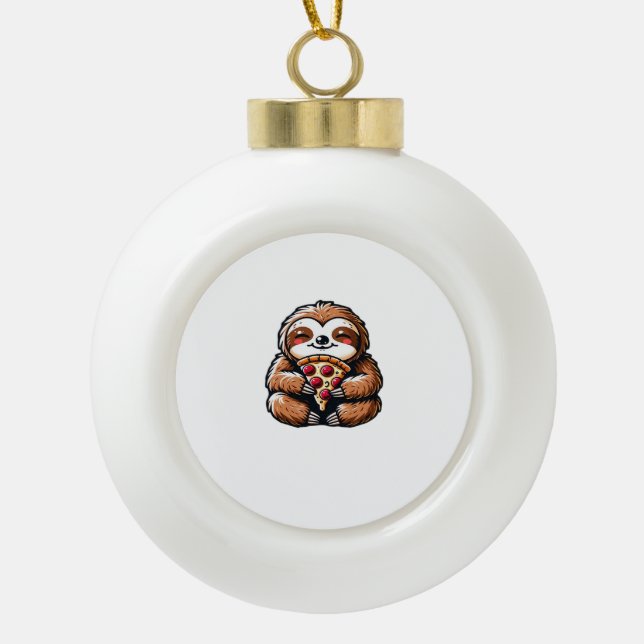 Funny Sloth eating Pizza, Kawaii Animal Lover Clas Ceramic Ball Christmas Ornament (Front)