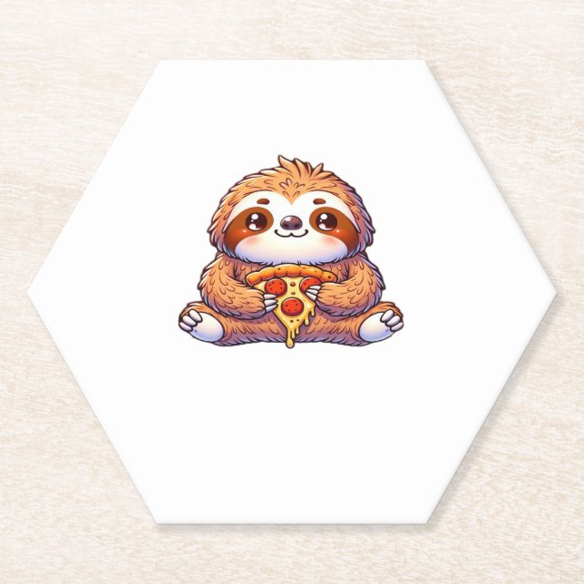 Funny Sloth eating Pizza, Kawaii Animal Lover Clas Paper Coaster (Front)