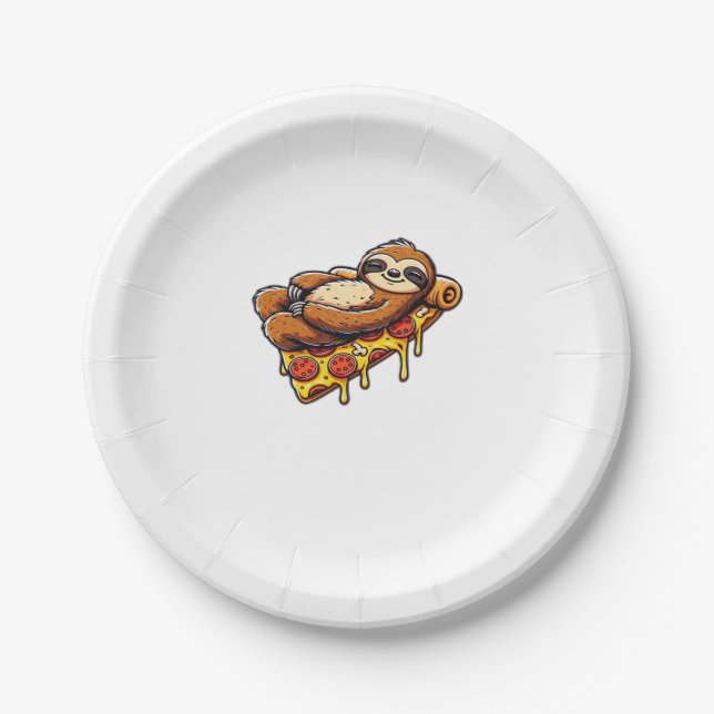 Funny Sloth eating Pizza, Kawaii Animal Lover Clas Paper Plate (Front)