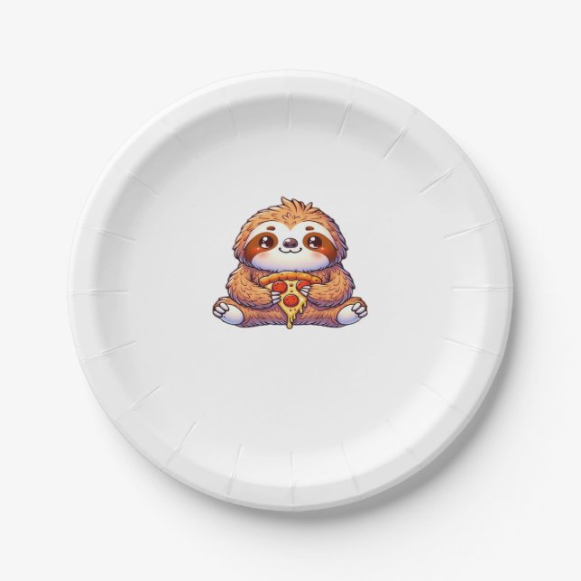 Funny Sloth eating Pizza, Kawaii Animal Lover Clas Paper Plate (Front)