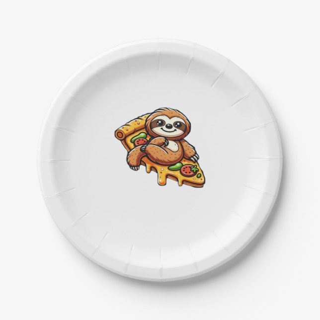 Funny Sloth eating Pizza, Kawaii Animal Lover Clas Paper Plate (Front)