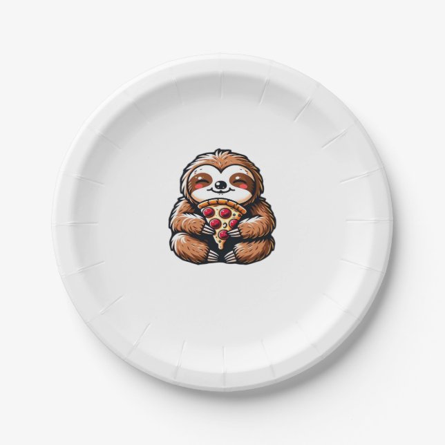 Funny Sloth eating Pizza, Kawaii Animal Lover Clas Paper Plate (Front)