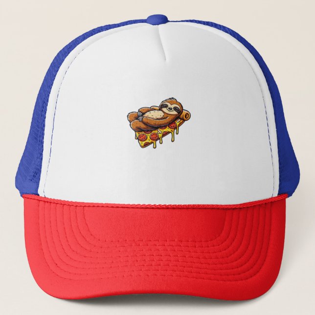 Funny Sloth eating Pizza, Kawaii Animal Lover Clas Trucker Hat (Front)