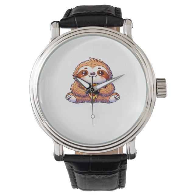 Funny Sloth eating Pizza, Kawaii Animal Lover Clas Watch (Front)