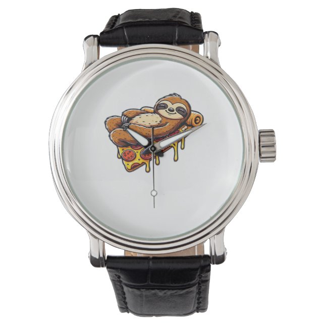 Funny Sloth eating Pizza, Kawaii Animal Lover Clas Watch (Front)