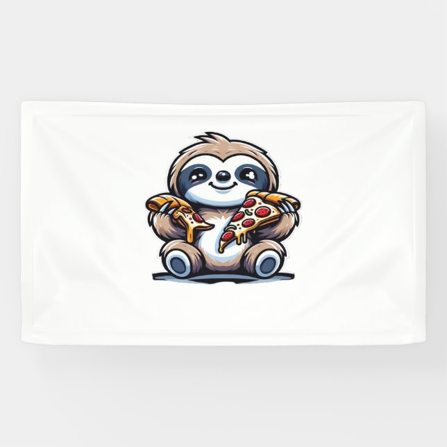 Funny Sloth eating Pizza, Kawaii Animal Lover Over Banner (Horizontal)
