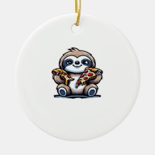 Funny Sloth eating Pizza, Kawaii Animal Lover Over Ceramic Tree Decoration
