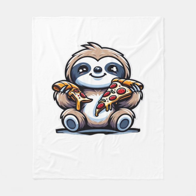 Funny Sloth eating Pizza, Kawaii Animal Lover Over Fleece Blanket (Front)