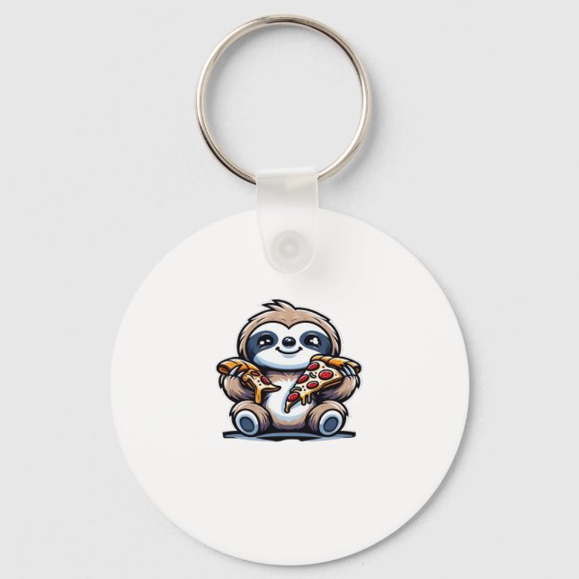 Funny Sloth eating Pizza, Kawaii Animal Lover Over Key Ring (Front)