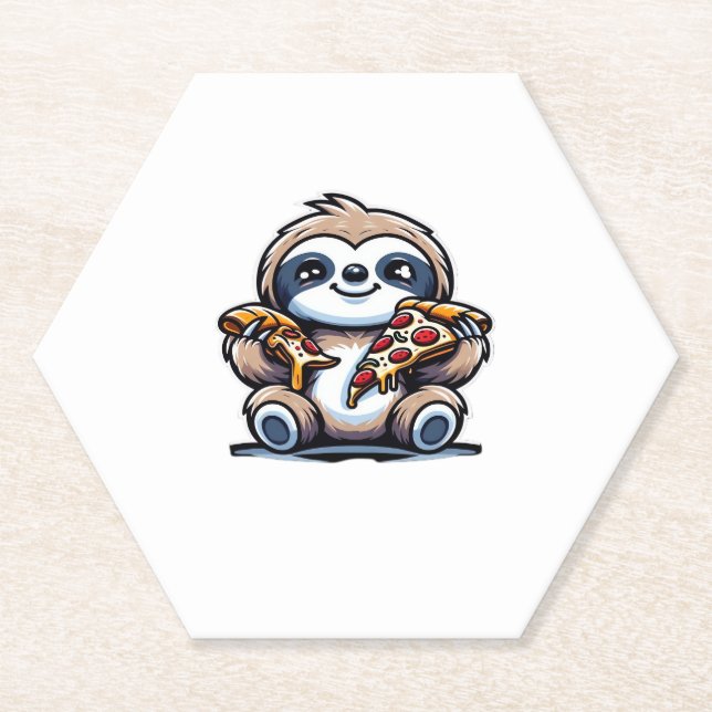 Funny Sloth eating Pizza, Kawaii Animal Lover Over Paper Coaster (Front)