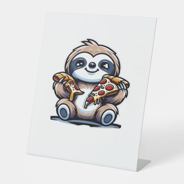 Funny Sloth eating Pizza, Kawaii Animal Lover Over Pedestal Sign (Front)