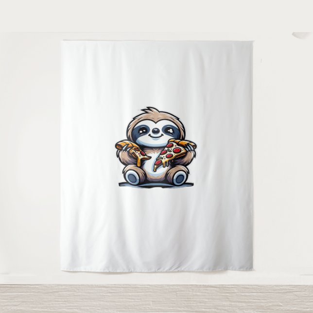 Funny Sloth eating Pizza, Kawaii Animal Lover Over Tapestry (Front)