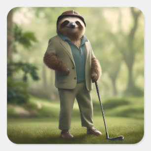 Funny Sloth Golf Player, Square Sticker