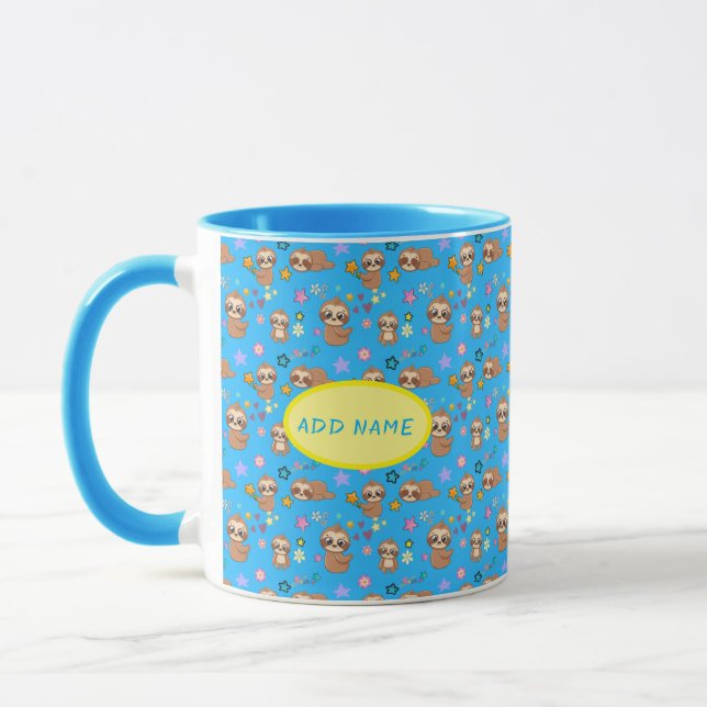 Funny Sloth Hearts Floral Blue Pattern | Add Name Mug (Left)