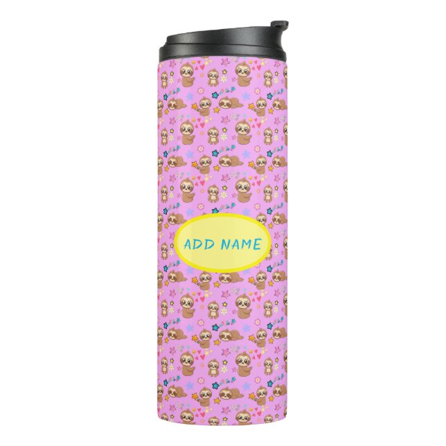 Funny Sloth Hearts Floral Pink Pattern | Add Name  Thermal Tumbler (Rotated Left)