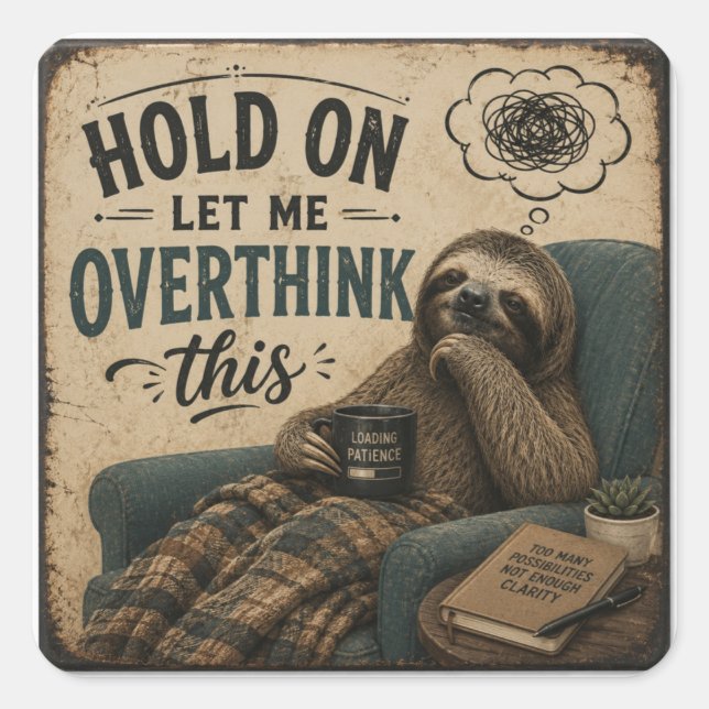 Funny Sloth Hold On Let Me Overthink This | Rustic Square Sticker (Front)
