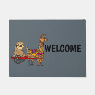 Funny Sloth in Red Wagon Pulled by Llama Doormat