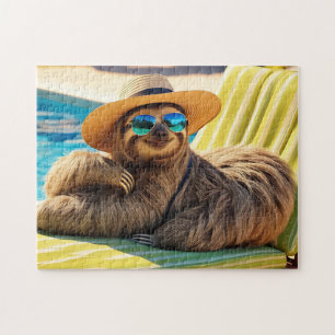 Funny Sloth in Sunglasses by the Pool Jigsaw Puzzle