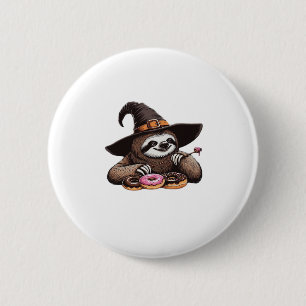 Funny Sloth in Witch Hat Enjoying Donuts - Cute Ha 6 Cm Round Badge