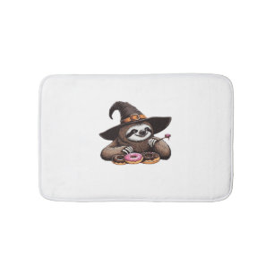 Funny Sloth in Witch Hat Enjoying Donuts - Cute Ha Bath Mat