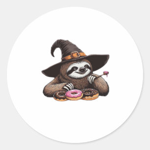 Funny Sloth in Witch Hat Enjoying Donuts - Cute Ha Classic Round Sticker