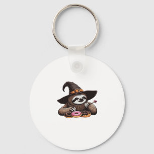 Funny Sloth in Witch Hat Enjoying Donuts - Cute Ha Key Ring