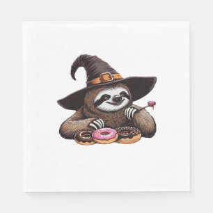 Funny Sloth in Witch Hat Enjoying Donuts - Cute Ha Napkin