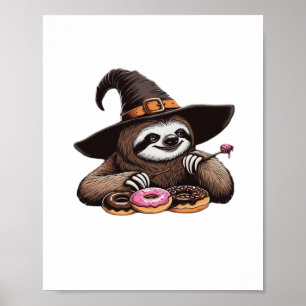 Funny Sloth in Witch Hat Enjoying Donuts - Cute Ha Poster