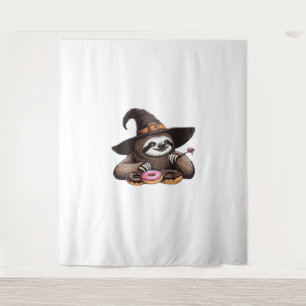 Funny Sloth in Witch Hat Enjoying Donuts - Cute Ha Tapestry
