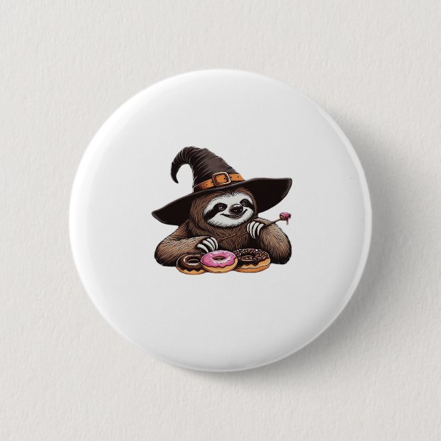 Funny Sloth in Witch Hat Enjoying Doughnuts - Cute 6 Cm Round Badge (Front)