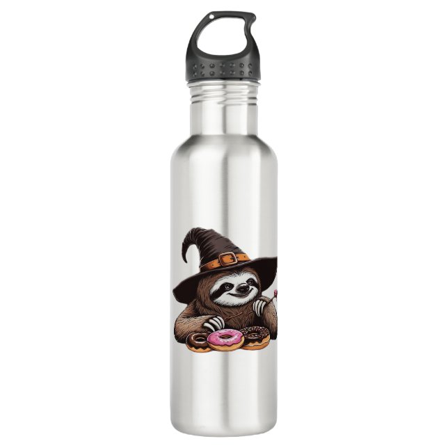 Funny Sloth in Witch Hat Enjoying Doughnuts - Cute 710 Ml Water Bottle (Front)