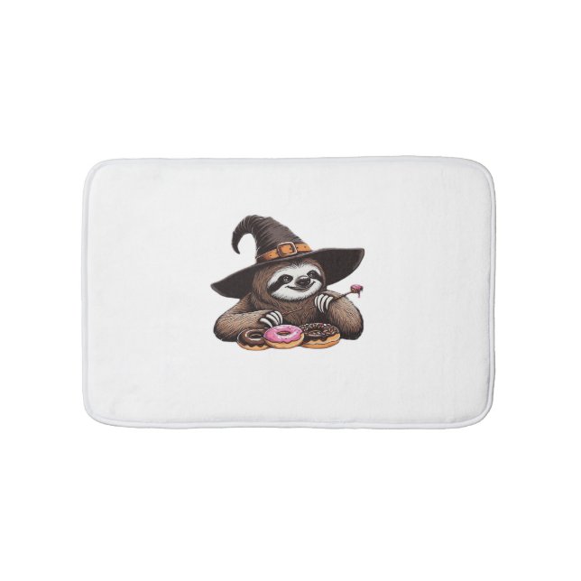 Funny Sloth in Witch Hat Enjoying Doughnuts - Cute Bath Mat (Front)