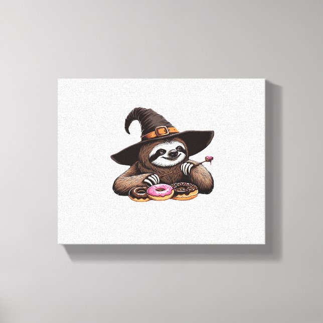 Funny Sloth in Witch Hat Enjoying Doughnuts - Cute Canvas Print (Front)
