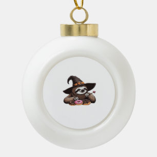 Funny Sloth in Witch Hat Enjoying Doughnuts - Cute Ceramic Ball Christmas Ornament