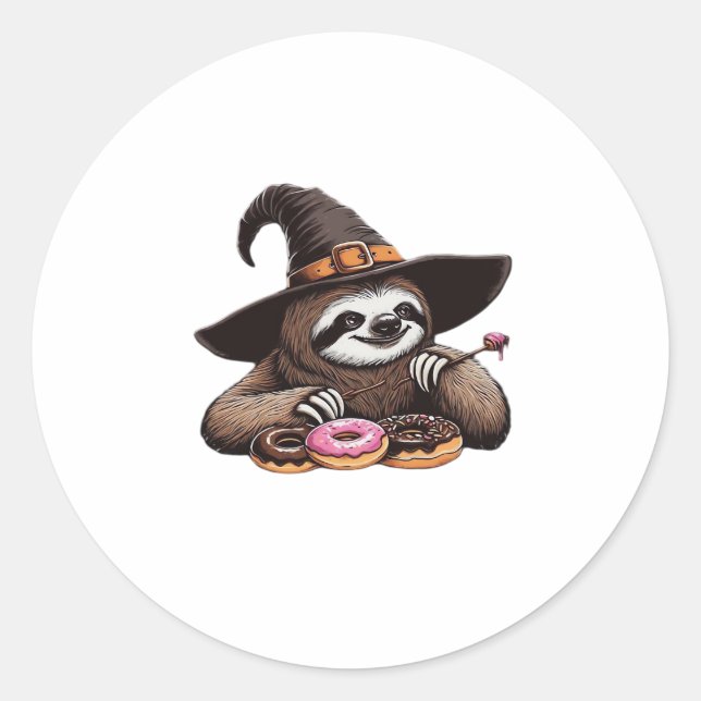 Funny Sloth in Witch Hat Enjoying Doughnuts - Cute Classic Round Sticker (Front)