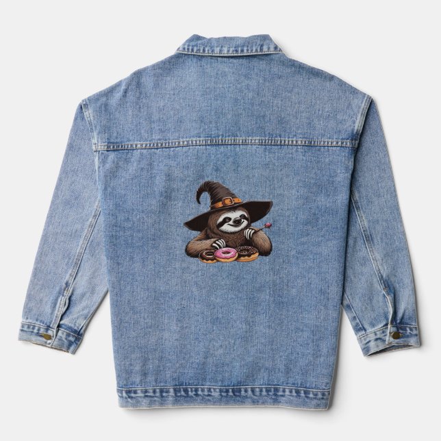Funny Sloth in Witch Hat Enjoying Doughnuts - Cute Denim Jacket (Back)