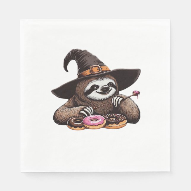 Funny Sloth in Witch Hat Enjoying Doughnuts - Cute Napkin (Front)