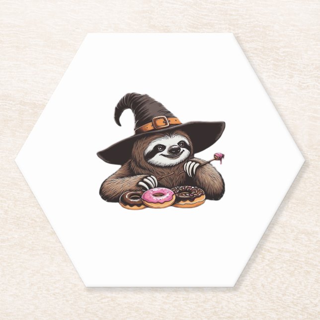 Funny Sloth in Witch Hat Enjoying Doughnuts - Cute Paper Coaster (Front)