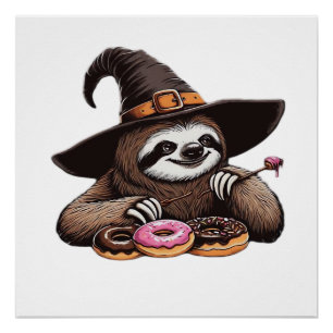 Funny Sloth in Witch Hat Enjoying Doughnuts - Cute Poster
