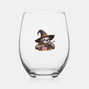 Funny Sloth in Witch Hat Enjoying Doughnuts - Cute Stemless Wine Glass