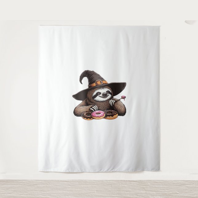 Funny Sloth in Witch Hat Enjoying Doughnuts - Cute Tapestry (Front)
