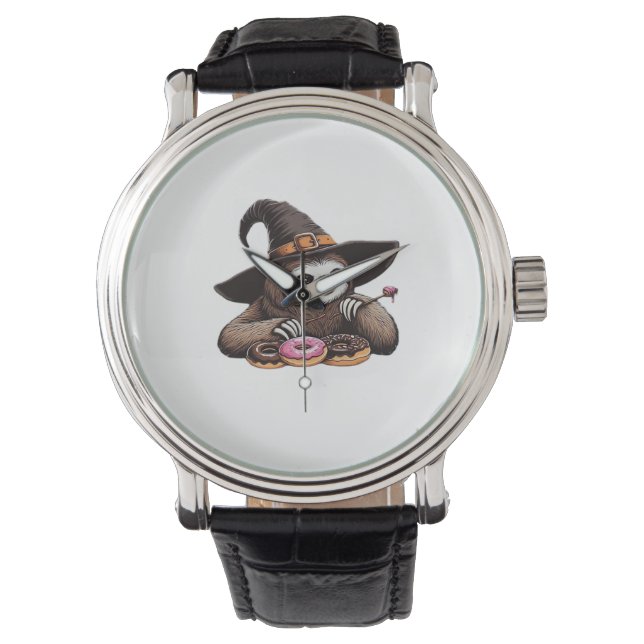 Funny Sloth in Witch Hat Enjoying Doughnuts - Cute Watch (Front)