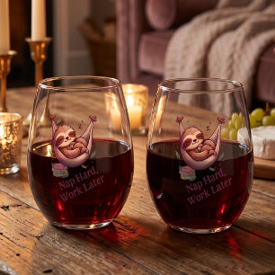 Funny Sloth "Nap Hard, Work Later" Set of 2 Stemless Wine Glass