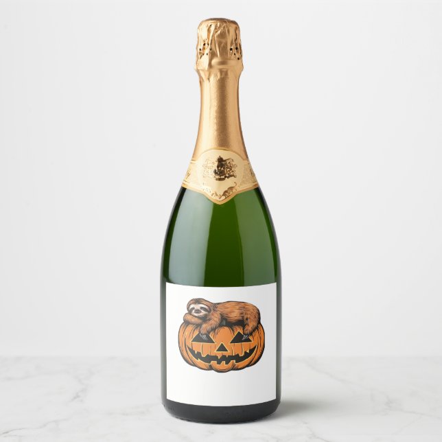 Funny Sloth on Halloween Pumpkin Essential T-Shirt Sparkling Wine Label (Front)
