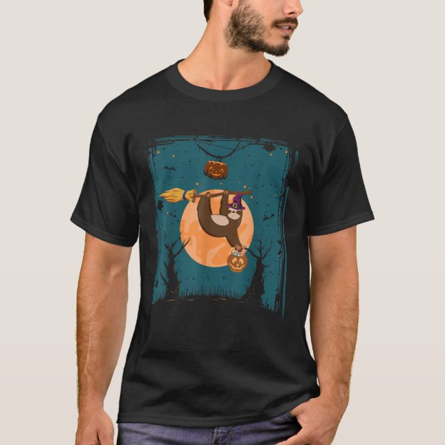 Funny Sloth On Witches Broom Halloween pumpkin T S T-Shirt (Front)