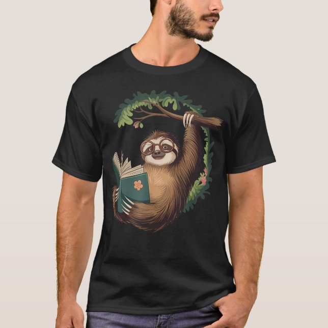 Funny Sloth Reading A Book Lazy Sloth T-Shirt (Front)