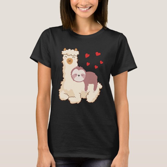 Funny Sloth Riding Llama Shirt funny Alpaca Hearts (Front)