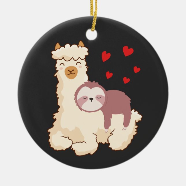 Funny Sloth Riding Llama Shirt funny Alpaca Hearts Ceramic Tree Decoration (Front)